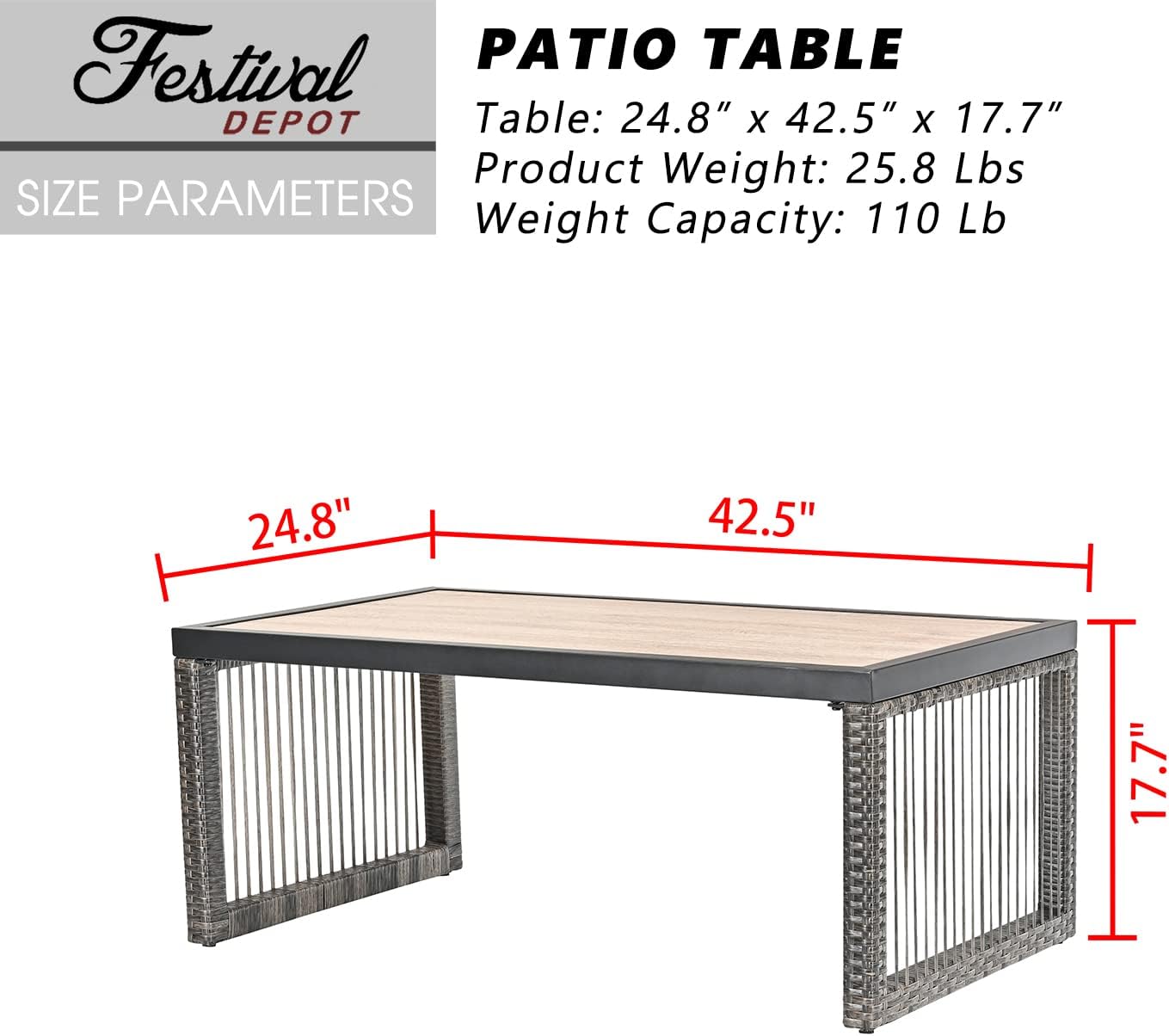 Festival Depot Wicker Patio Coffee Table All-Weather Metal Square Dining Table Waterproof Outdoor Sectional Furniture with DPC Desktop for Bistro Balcony Garden Pool Lawn Backyard