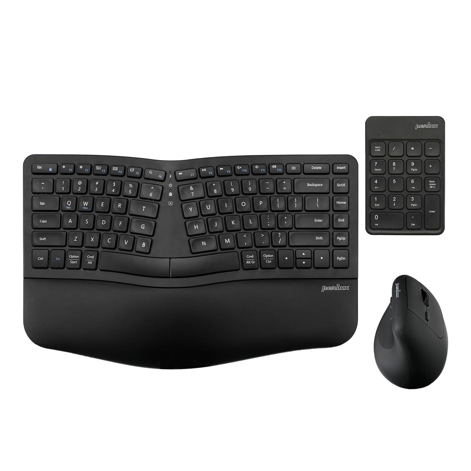 Perixx PERIDUO-606IIA - Tastiera ergonomica compatta wireless 3 in 1 con mouse verticale e tastierino numerico, tasti e clic silenziosi, inglese americano