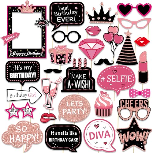 30 Pcs Hot Pink Birthday Photo Booth Props Kit for Girls Happy Birthday Party Favors Supplies with Mini Frame Bday Party Decoration Set for Women Rose Gold Selfie Paper Party Supplies