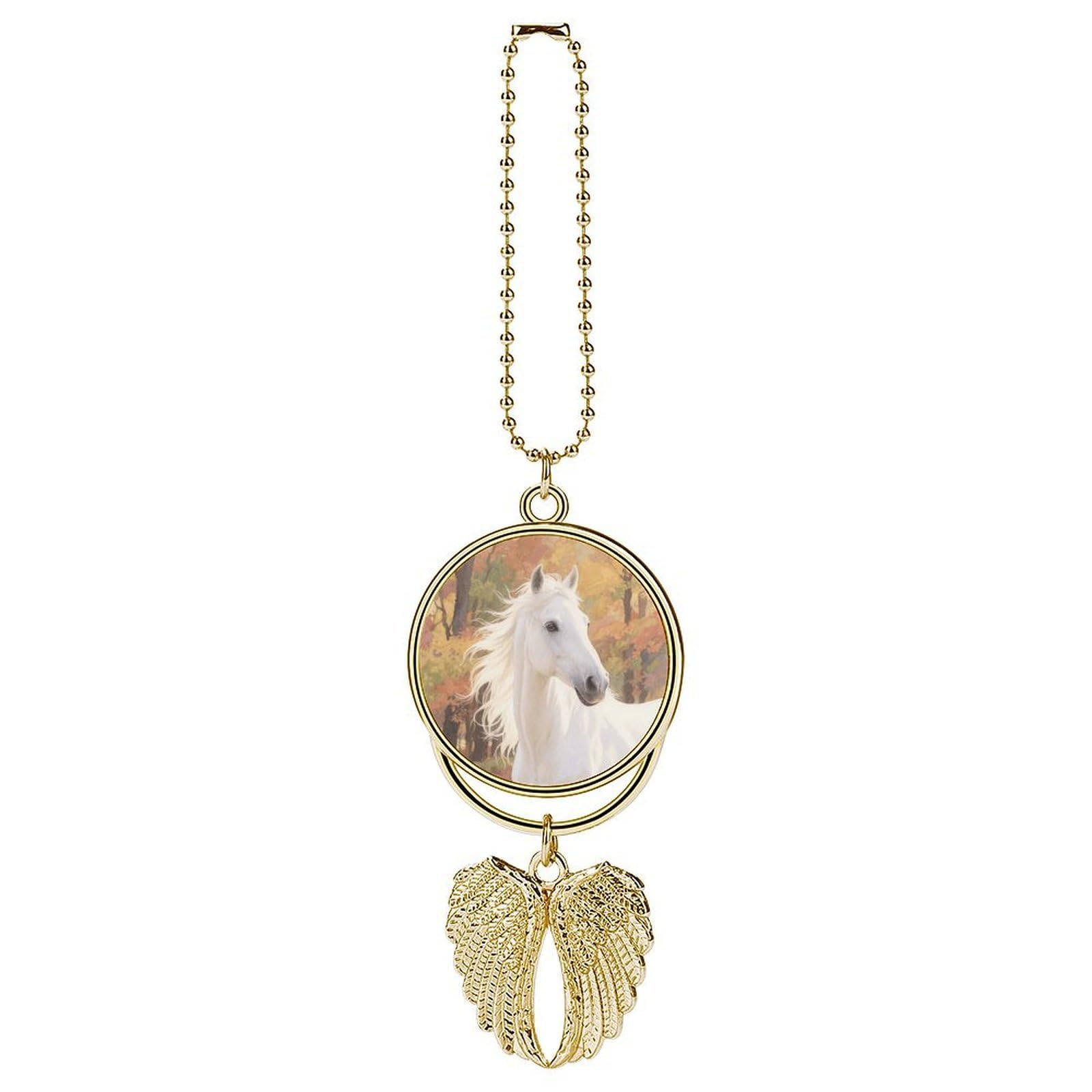 Watercolor White Horse Car Pendant Car Rearview Mirror Pendant Custom Photo Car Hanging Ornament Car Rear View Mirror Hanging Accessories Angel Wing Car Charm Gift for Men Women