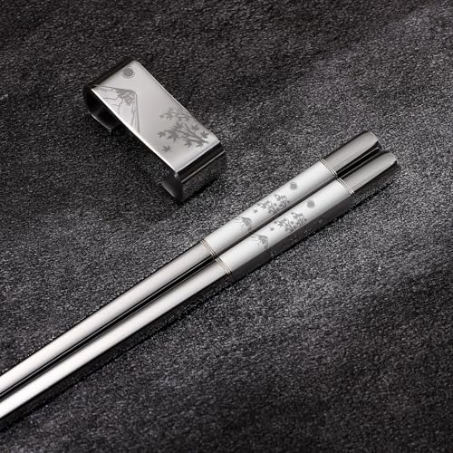 TIICOO Metal Chopsticks Reusable 2 Pairs Titanium Plated 18/8 Stainless Steel Chopsticks with Holder, Dishwasher Safe Non-Slip Japanese Style Laser Engraved Chop Sticks Gift Set (Silver) by TIICOO - Used condition - Image 2