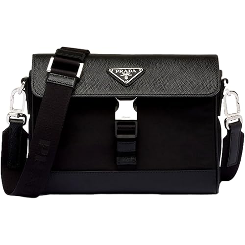 Prada Unisex Nero Black Re-Nylon Saffiano Silver Triangle Logo Messenger Crossbody Bag