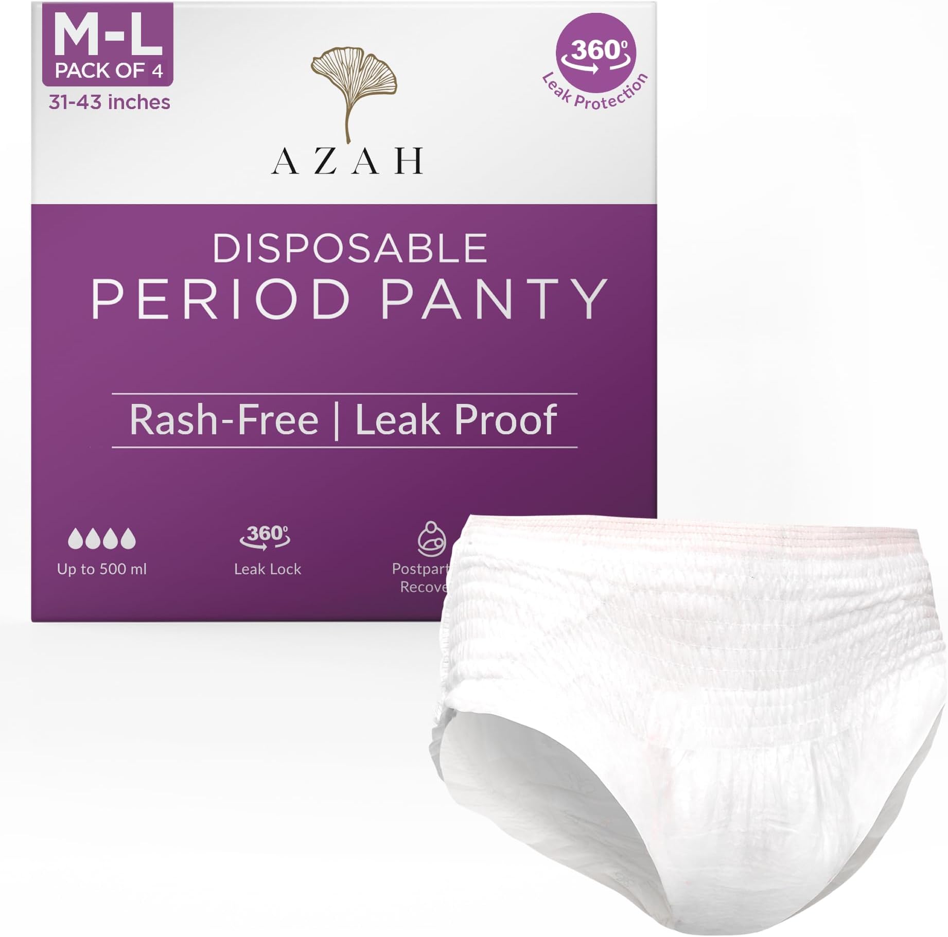 AZAH Periods Panty For Women [M-L Pack of 4] | 12 Hrs Protection | Super Absorbent 360° Coverage | Leak Proof Overnight Period Panty for Girls |Heavy Flow | Rash Free Disposable Panties After Delivery