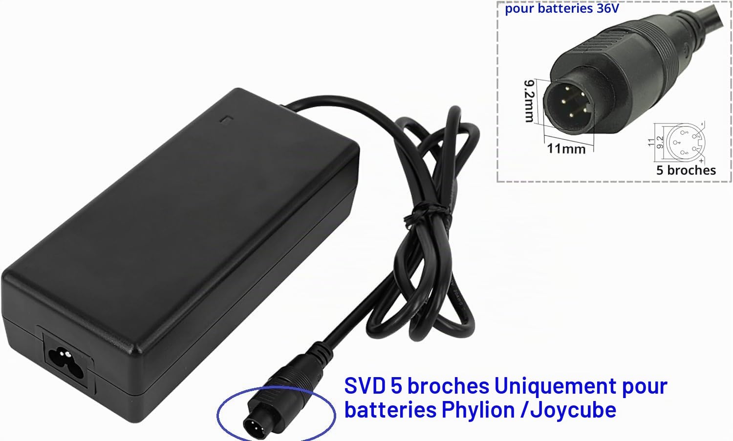 PowerSmart® 2A SVD Bouchon Rond 5-Pin Chargeur pour Batteries Phylion 36V-42V pour SSLC084V42MH, JCLC084V42M, Pas pour Le métal 5 Broches