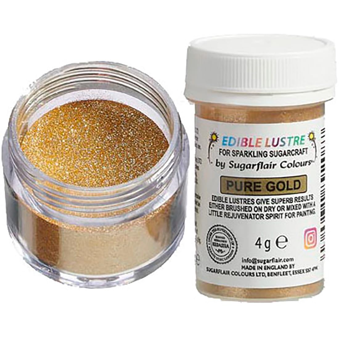 Sugarflair Edible Lustre Glitter Pure Gold - Colorante Alimentario, Polvo Brillante Comestible para Tartas, Pasteles, Cupcakes, Magdalenas, Chocolate, Pastelería, Helados, Postres, Cócteles - 4g