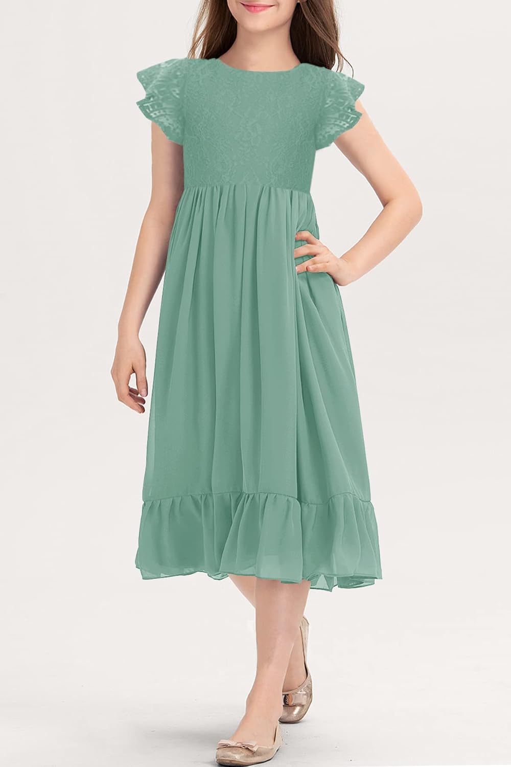 MITILLY Girls Elegant Lace Flower Crew Neck Ruffle Chiffon A-Line Flowy Birthday Party Midi Dress - Image 3