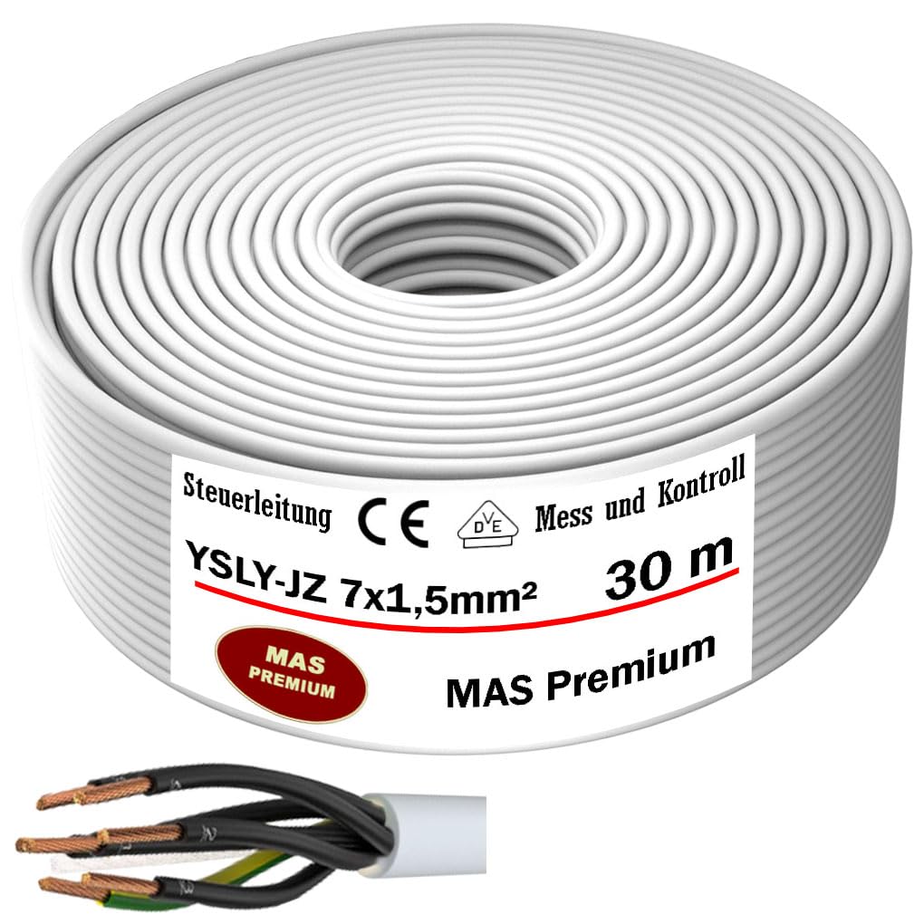 MAS Premium 5-150 m YSLY-JZ 7 x 1,5 mm², elastyczny kabel sterujący, szary, kabel pomiarowy, kontrolny i regulacyjny do obrabiarek, przewód sterujący, E-samochód, przyłącze do stacji ładującej (30 m)