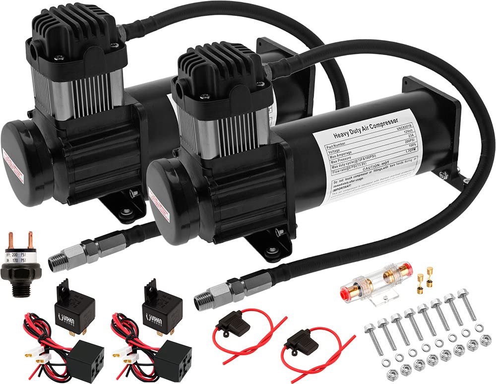 Vixen Horns Heavy Duty Dual Onboard Air Compressors 200 PSI. Universal Replacement for Truck/Car Train Horn/Suspension/Ride/Bag kit/System. Fits All 12v Vehicles like Semi/Pickup VXC8301BDP