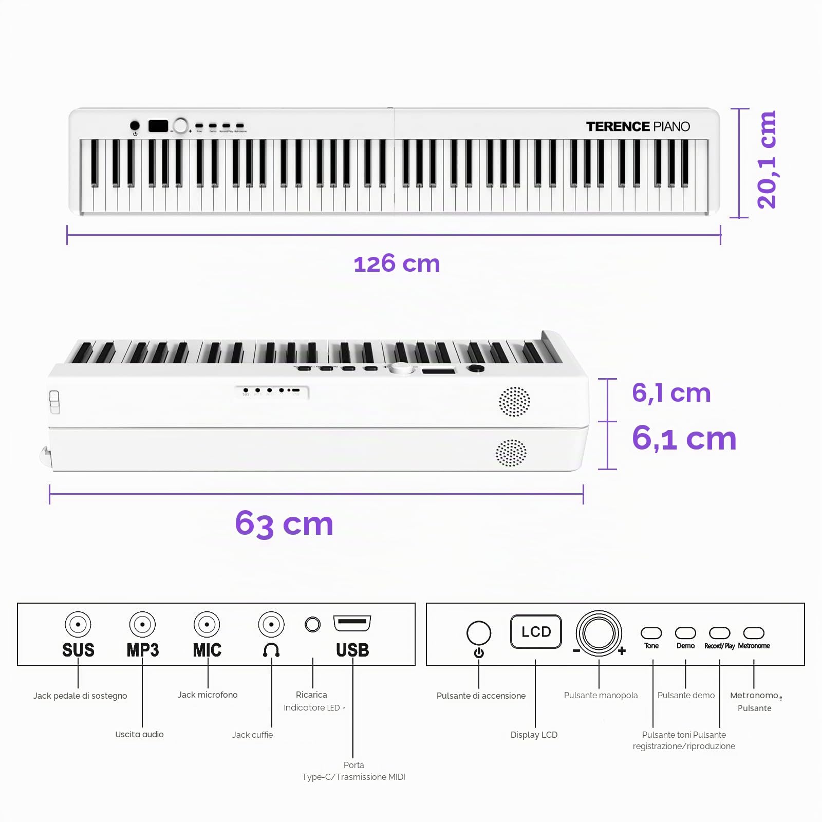 TERENCE Pieghevole Pianoforte Digitale con 88 Tasti semi-ponderati e interfaccia USB MIDI supporto spartiti Bluetooth Borse per Tastiera Cavo audio Cuffie Pedale Sustain Bianco