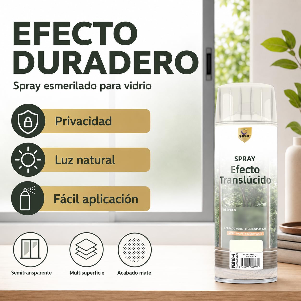 SPSIL Spray Efecto Translúcido Esmerilado Blanco Roto 400ml X 6, Acabado Mate, Resistente al Agua, para Vidrio, PVC, Acrílico y Proyectos Decorativos Interiores