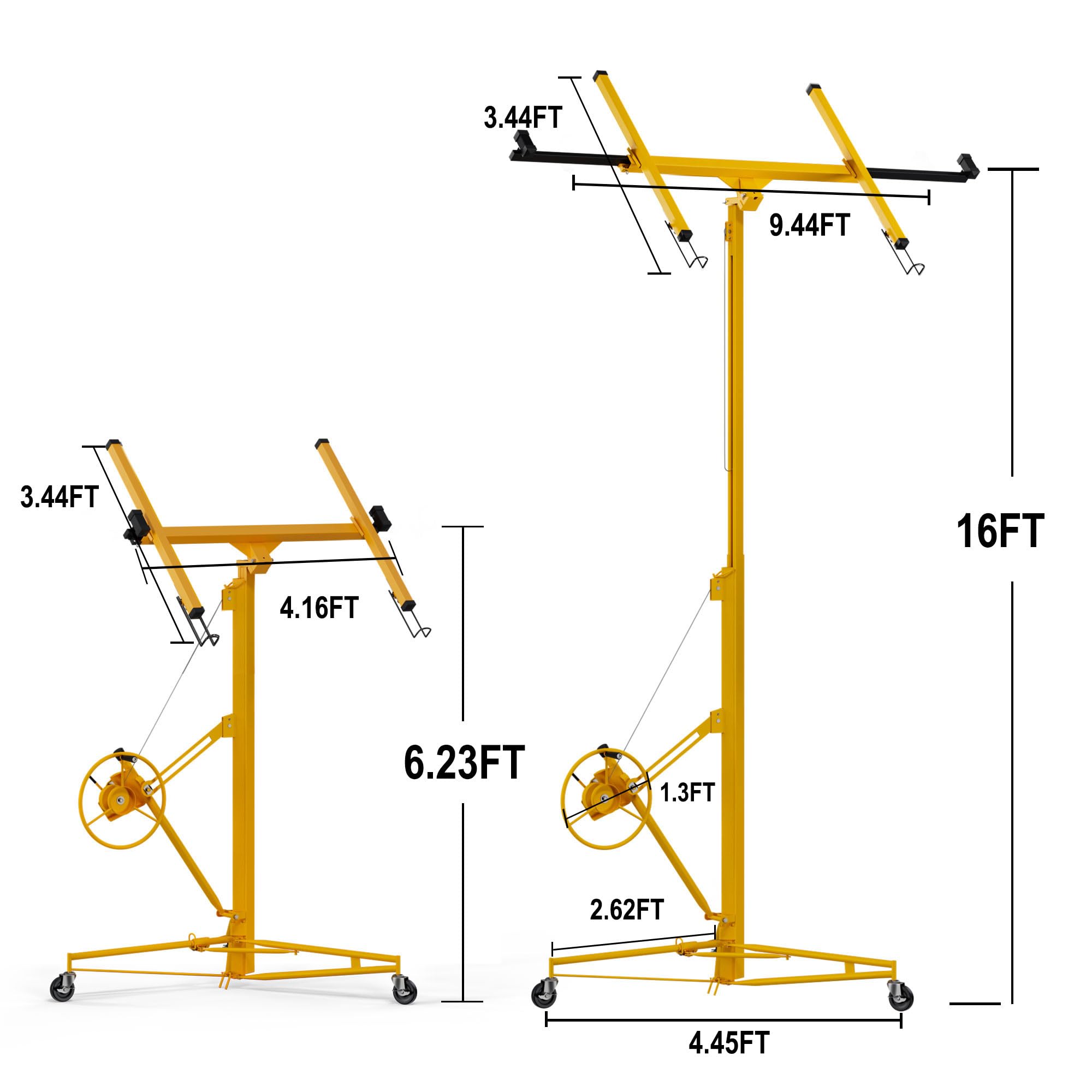 Drywall Lift Panel 16' Lift Drywall Panel Hoist Jack Lifter Jack Rolling Caster Wheel Sheetrock Drywall Lift Construction Tools for Ceiling - Yellow