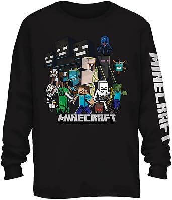 Minecraft Boys Video Game T-Shirt - Black and Green Creeper Face - Official Long Sleeve Shirt
