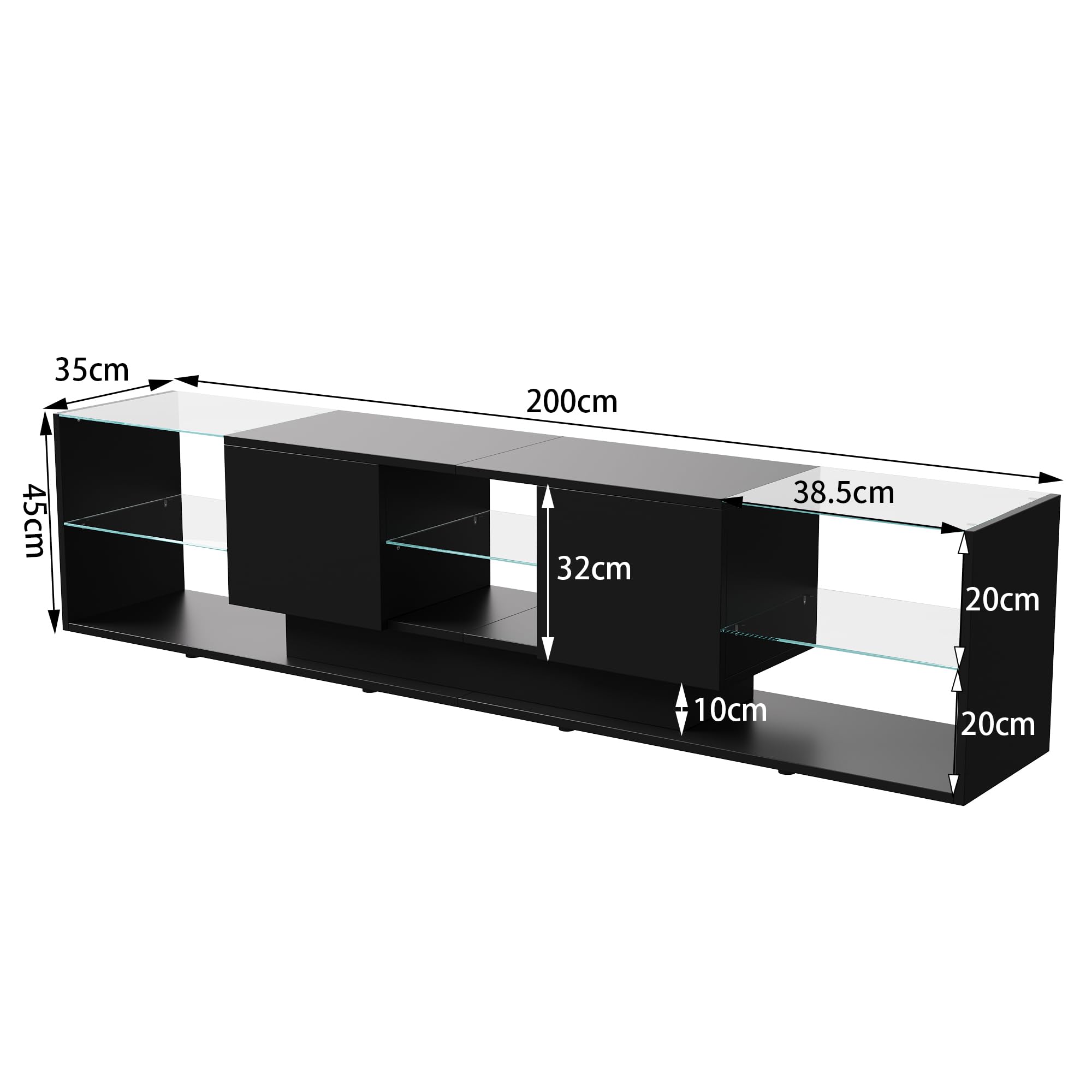 Mueble TV negro con luces LED, moderno mueble de TV de 200 cm con 2 cajones y estantes de cristal, mesa Tele banco TV para salón o dormitorio (negro, 200 x 35 x 45 cm)