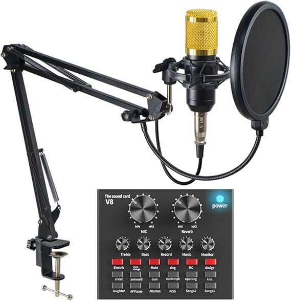 Sound Card Kit Professional Condenser Micro Kits V8 Sound Card Karaoke with Micro Stand Condenser USB Mic Live Streaming Studio Setup for Recording Music,Bm800-1