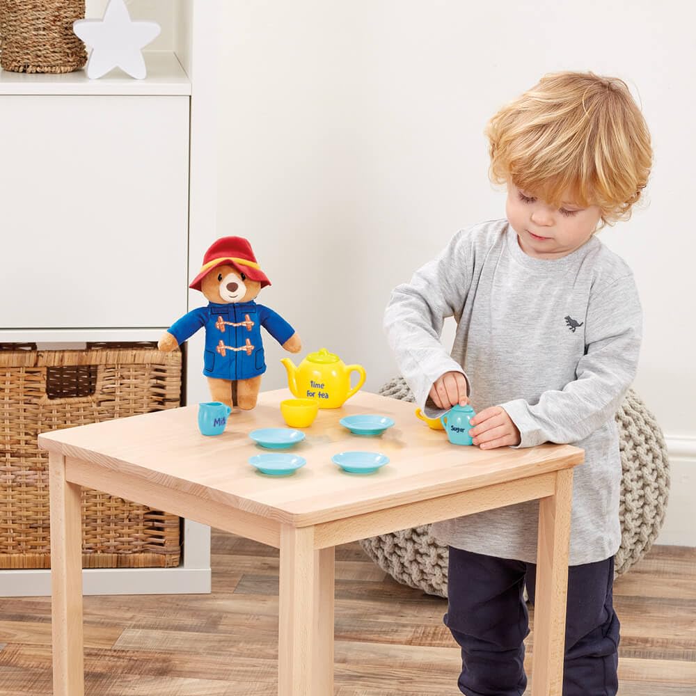 Rainbow Designs Paddington Bear's Toy Tea Set – 9-częściowy zestaw do herbaty dla dzieci z czajnikiem, kubkami, spodkami i dzbankiem na cukier – zawiera pluszową zabawkę, walizkę wielokrotnego użytku