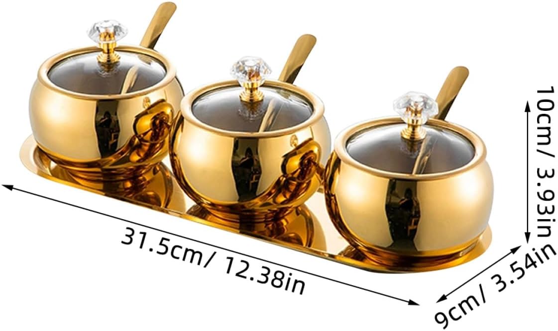 Stainless Steel Sugar Bowl Set with Lid and Spoon, Metal Seasoning Container for Salt and Pepper, Kitchen Condiment Jars with Tray for Cooking and Table Use, Gold 4pcs Set