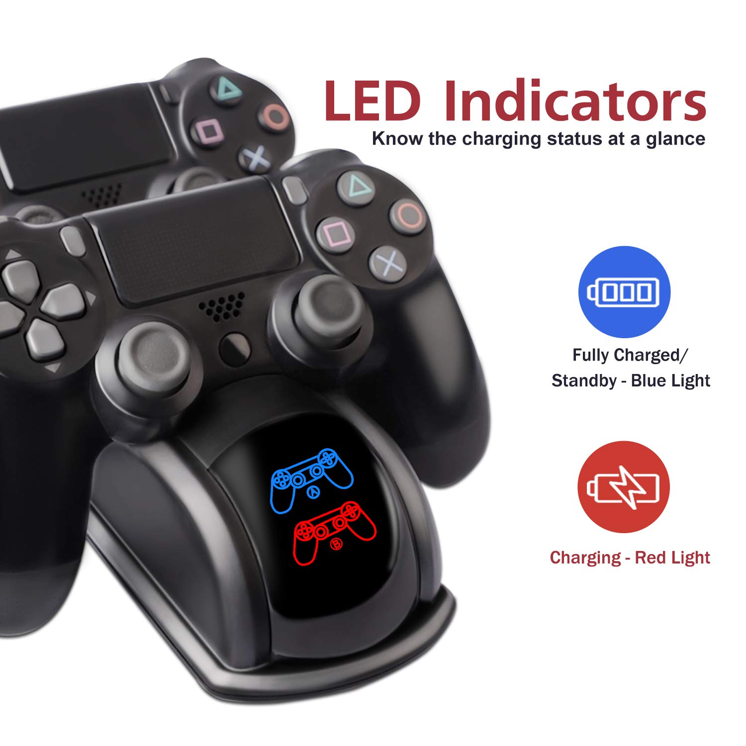 PS4 Controller Charger, PS4 Controller Charging Station Dock Dual USB for Sony Playstation4 / PS4 / PS4 Slim / PS4 Pro Controller, with LED Light Indicators and Charging Cable