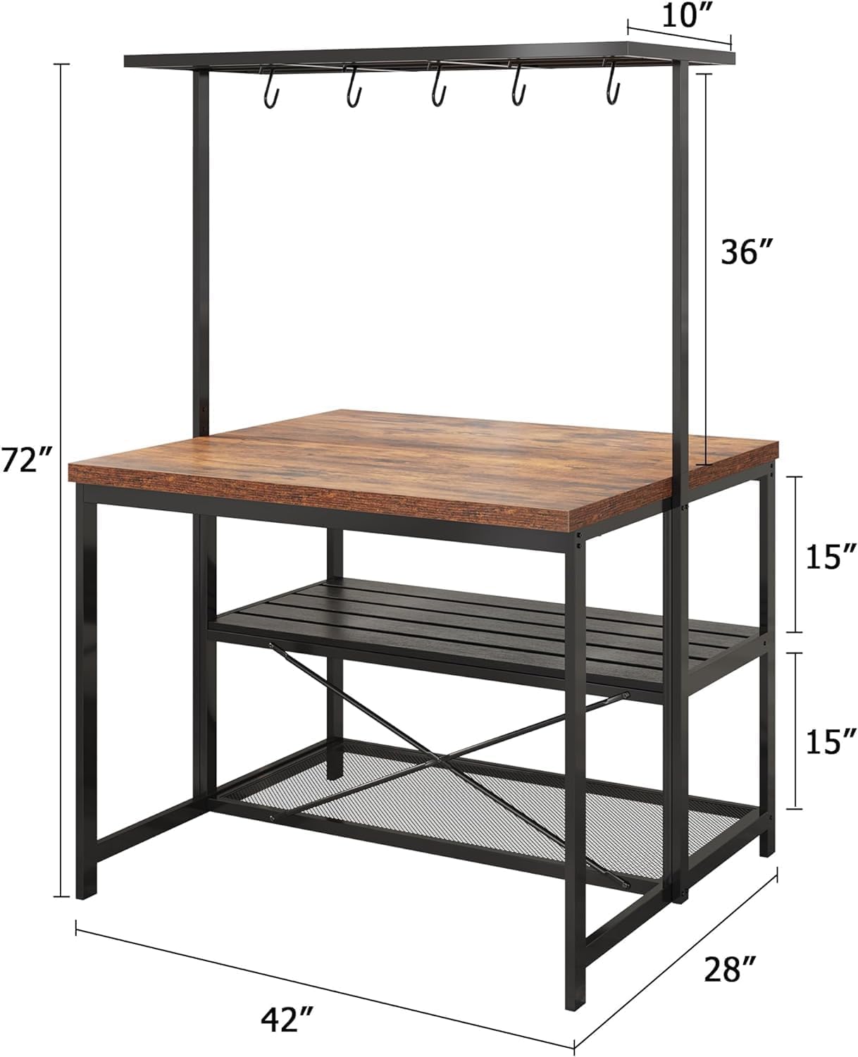 Grande supporto da cucina, supporto per forno a microonde, ripiano portaoggetti da cucina a 3 livelli, 5 ganci, tavolino in metallo per sala da pranzo o soggiorno, 106 x 71 x 183 cm