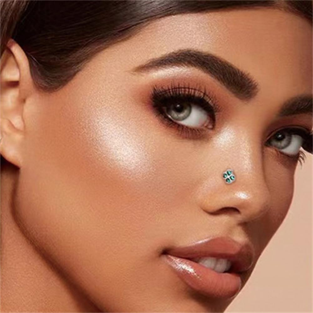 Four Leaf Clover Nose Ring for Women Green CZ Crystal Lucky Shamrock L-Shaped Nose Stud Rings Nostril Nose Piercing Jewelry Body Jewelry for ST Patrick’s Day