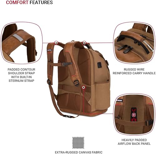 Miniatura 9 de SwissGear Mochila para herramientas, se adapta a portátiles de hasta 15 pulgadas, paquete de trabajo, lona negromarrón, Negromarrón lona, Paquete de