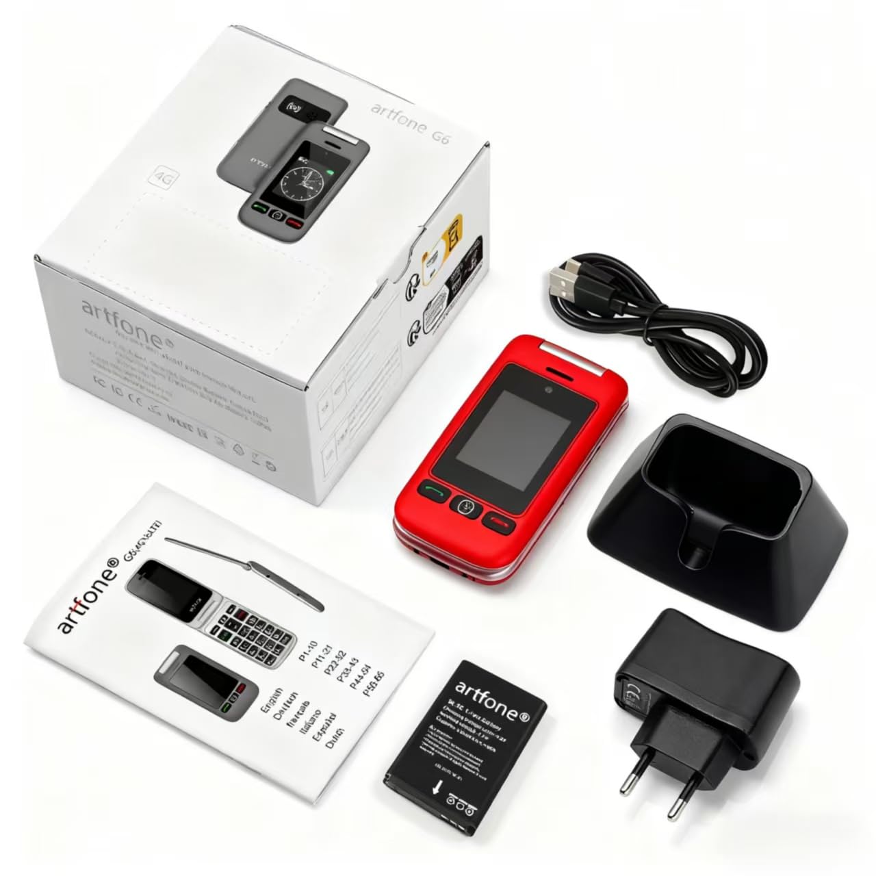 artfone G6 Rot - 4G Seniorenhandy Klapphandy Ohne Vertrag丨Großtasten Mobiltelefon丨SOS Notruftaste丨Ladestation丨Lautsprecher丨Kurzwah丨Handy für Senioren丨USB-C丨Kamera丨2,4 Zoll Zweibildschirm丨1300mAh Akku