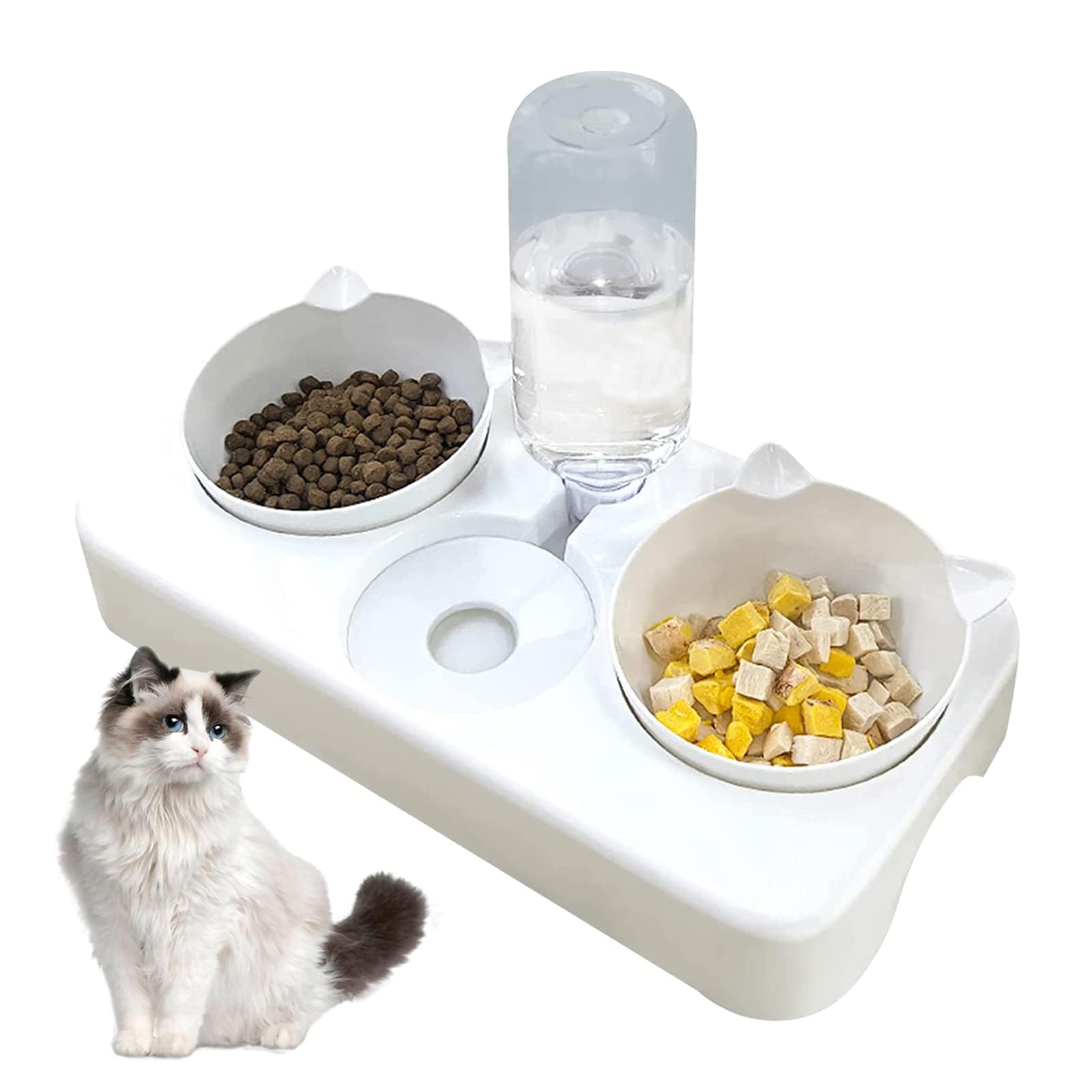 Double bol de nourriture incliné 8 degrés et abreuvoir automatique blanc pour chat