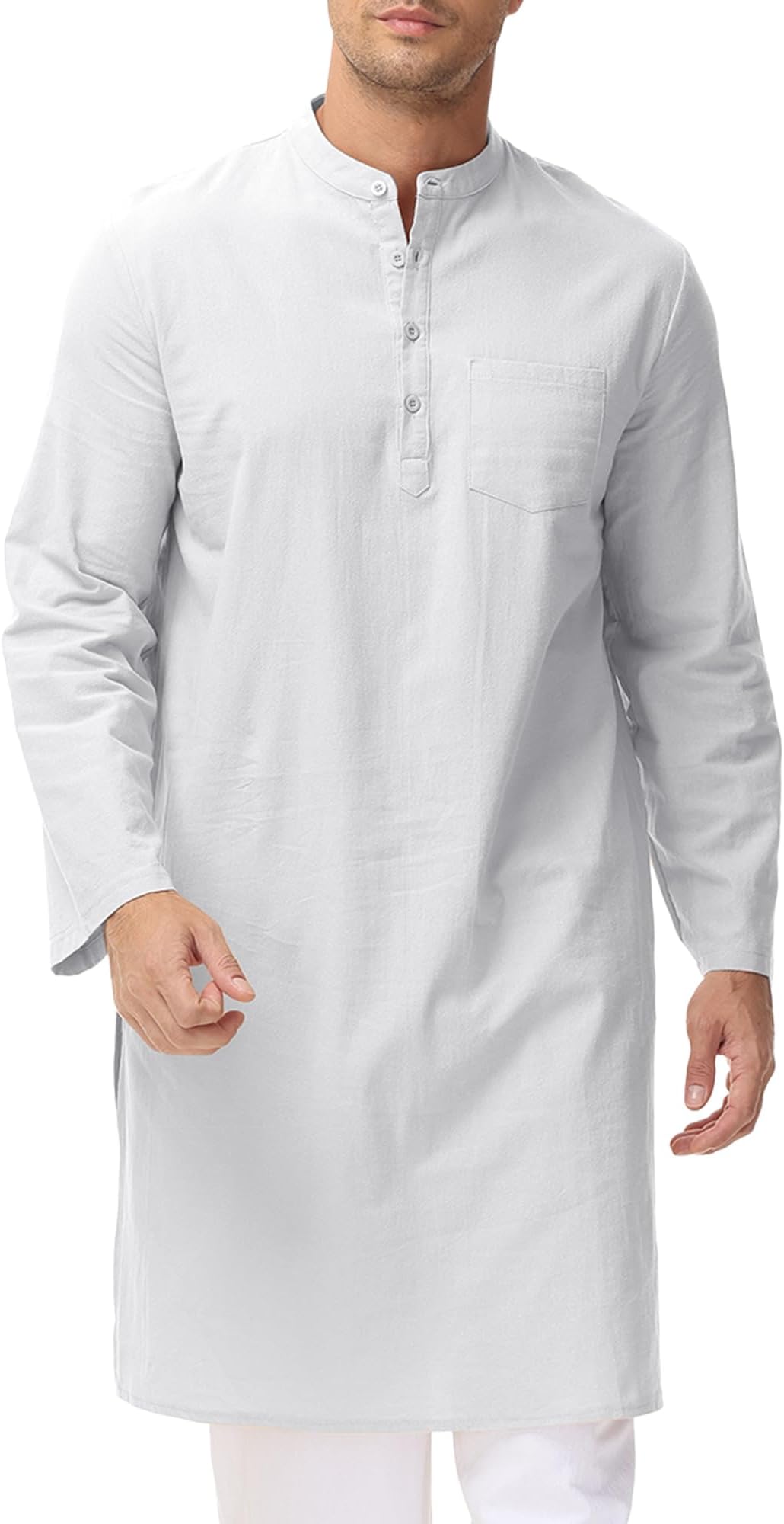 Men's Kaftan Robe Long Sleeve Linen Thob Side Split Button Down Thobe Long Tunic Shirts