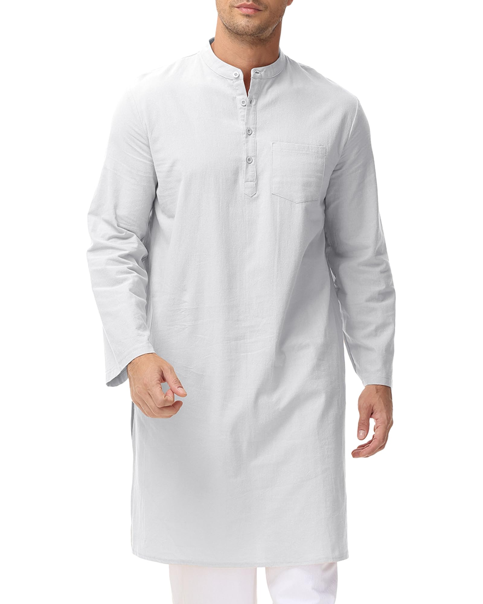 LVCBL Men's Kaftan Robe Long Sleeve Linen Thob Side Split Button Down Robe Henley Casual Shirts