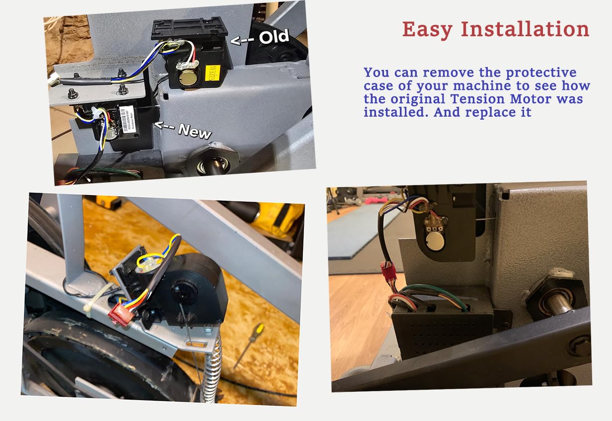 Installation steps showing old and new motors, and wiring connections