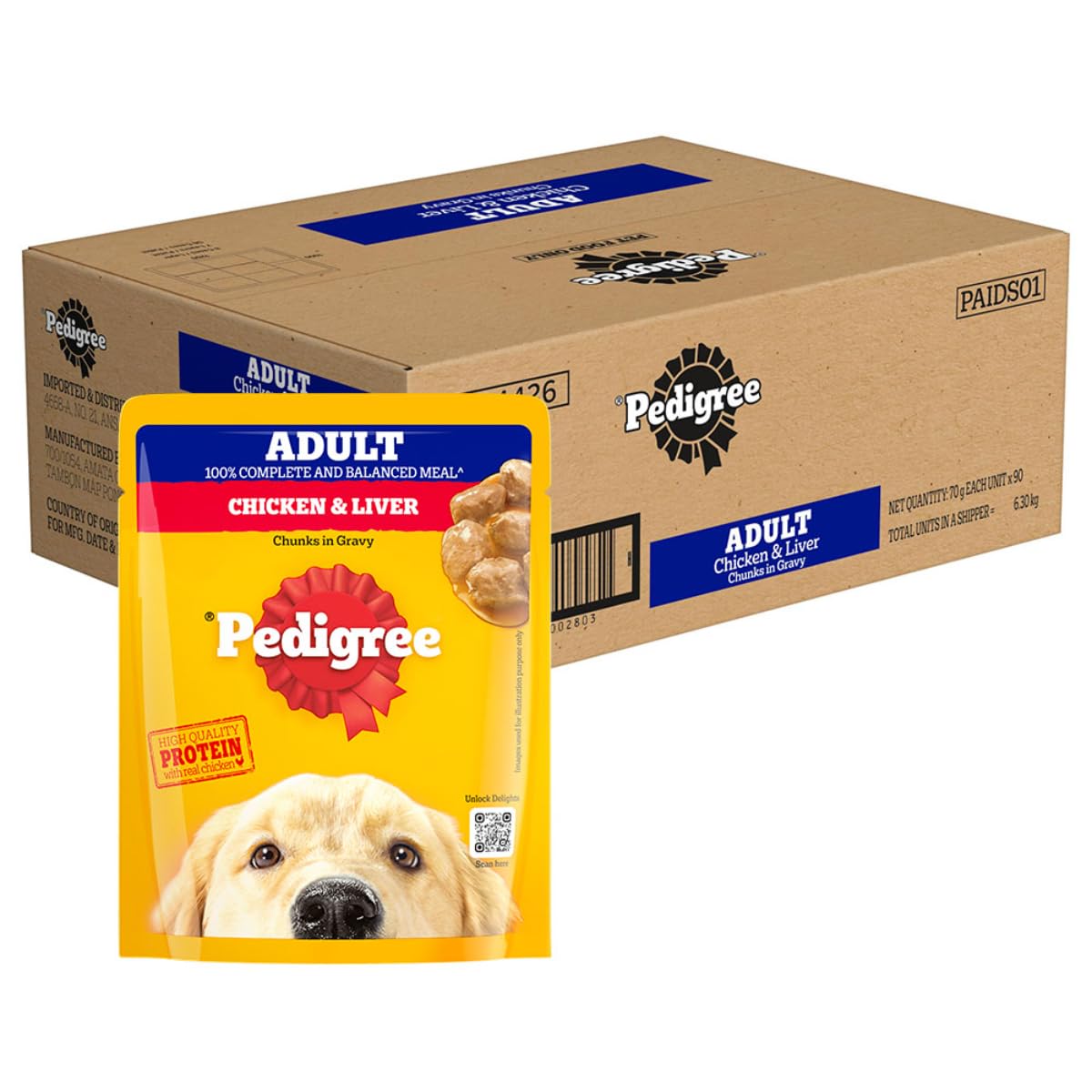 Pedigree Adult Wet Dog Food, Chicken & Liver Chunks in Gravy, 70 g (Pack of 90), Complete & Balanced Meal for Adult Dogs