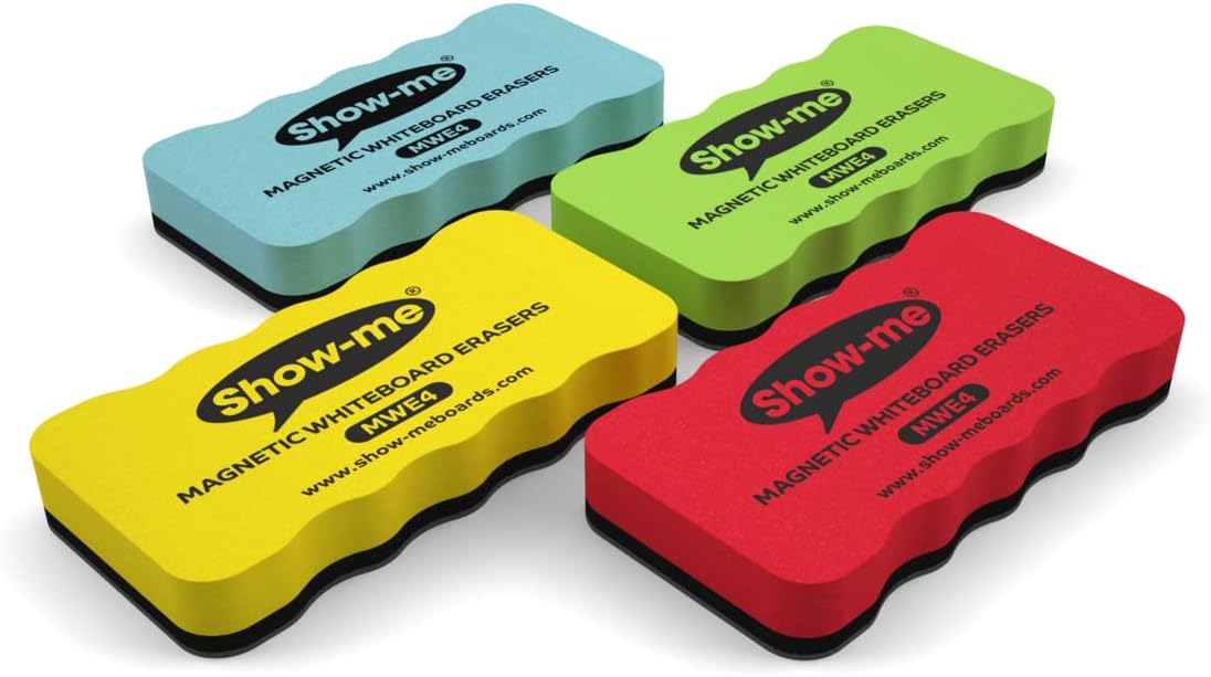 Show-me MWE4 Magnetic Whiteboard Erasers, Assorted Colours, Pack of 4
