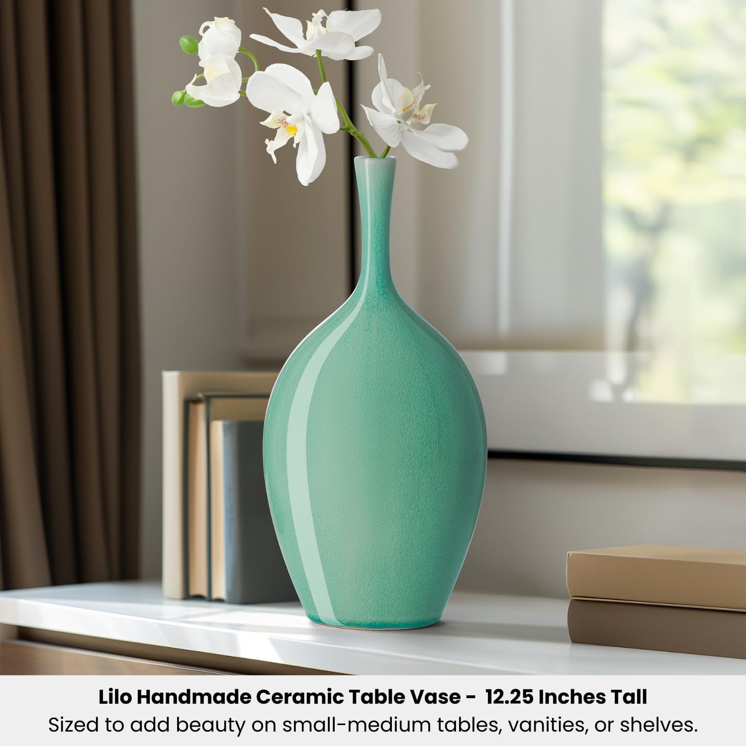 Torre & Tagus Lilo Celadon Crackle Reactive Glaze Ceramic Bud Vase - 12 Inch Tall Small Flower Vase & Small Ceramic Vase for Flowers, Handmade Vases for Home Decor & Wedding Decor for Table (12.25")