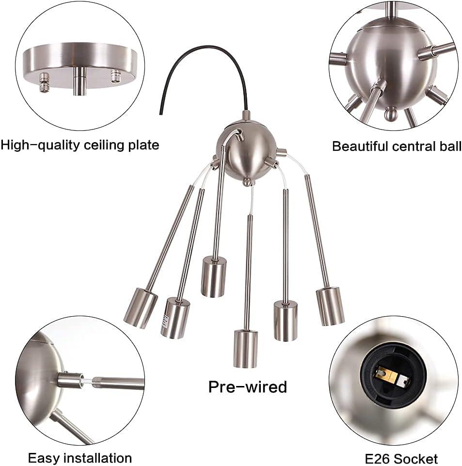 Get Discount Offer 6 Lights Sputnik Chandeliers,LASENCHOO Modern Semi Flush Mount Ceiling Light Mid-Century Pendant Light Fixture, Brushed Nickel Ceiling Lamp for Living Kitchen Bedroom Dining Room
