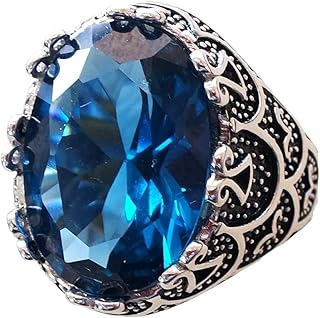 Topaz Mans Ring, Blue Topaz Hydro Gemstone Ring, November Birthstone, Heavy Mens Ring, 925 Sterling Silver, Handmade Jewelry, Ottoman Turkish Arabic Ring, Christmas, Unisex, Wedding, Genuine Gemstone Ring, Q-808, Gemstone, gemstone