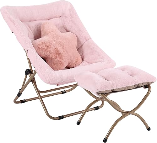 Miniatura 3 de Welnow Cómoda silla platillo con otomana, silla de lectura plegable de gran tamaño para adultos con almohada, silla de salón de piel sintética suave