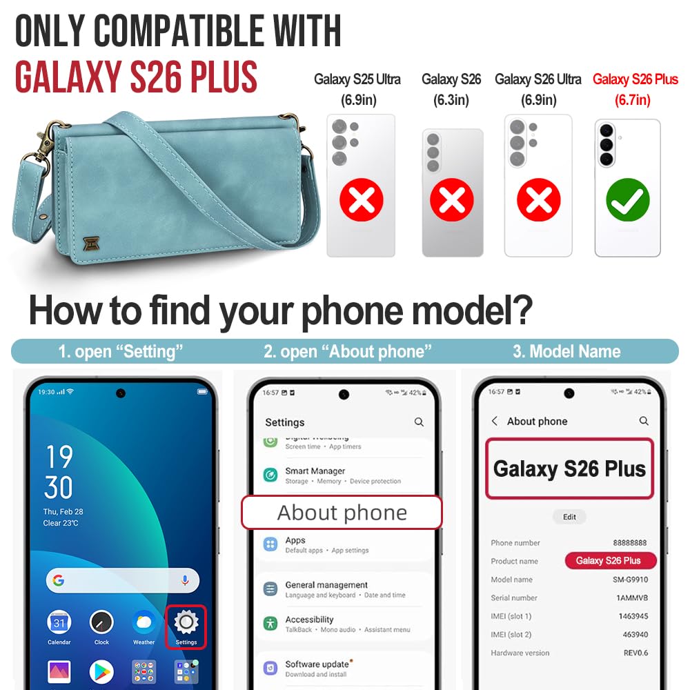 Custodia a portafoglio magnetica per Samsung Galaxy S26 Plus, blu | Custodia a libro 2 in 1 in pelle PU staccabile, porta carte di credito con blocco RFID, tasca con cerniera