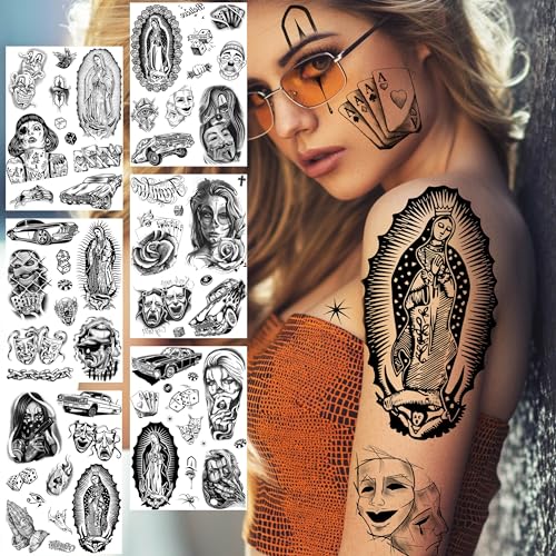 TASROI 6 Sheets Large Chicano Temporary Tattoos For Men Women Adult, Chicana Guadalupe Gangster Fake Tattoos Prisoner Day of the Dead, Halloween Mexico Tattoo Stickers, Tatuajes Temporales Autocolante