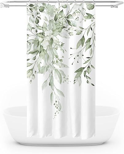 Vista 483 de Tititex - Juego de cortinas de ducha de eucalipto verde oliva, hojas de acuarela en la parte superior con decoración floral de baño, 60 x 72 Hojas