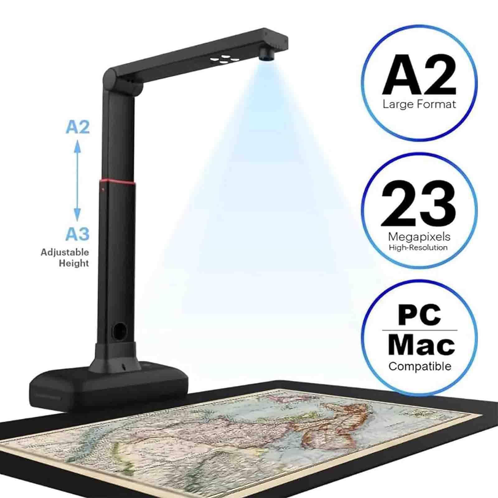 PixCy Escáner Superior A2/3, escáner Documentos con cámara 23 MP, reconocimiento Texto OCR y Altura Ajustable, tecnología descurvatura automática páginas Curvas, luz LED incorporada