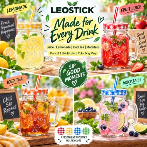 Image of LEOSTICK Glass Mason Jar with Lid & Straw, Transparent 250ml, Set of 2