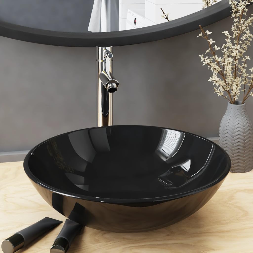 Rundes Waschbecken Aufsatzwaschbecken für Waschtisch mit Wasserhahn und Pop up Ablaufgarnitur Schwarz Chrom, gehärtetes Glas 42 cm, Einlocharmatur, Handwaschbecken für Bad