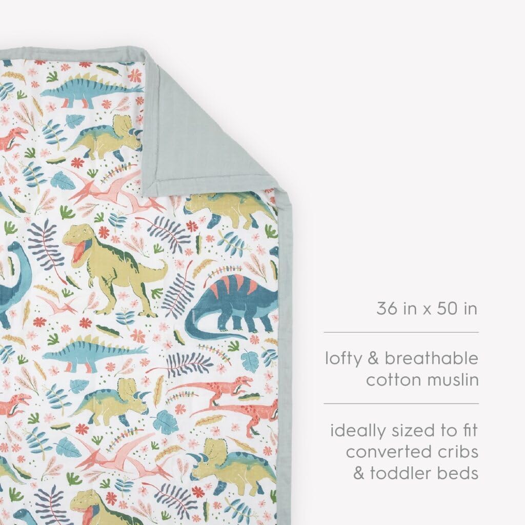 Little Unicorn Muslin Comforter Blanket | Soft & Breathable Muslin Fabric | 36"x50" | 100% Cotton | Crib & Toddler Bed Blanket (Boho Dino) - Image 5