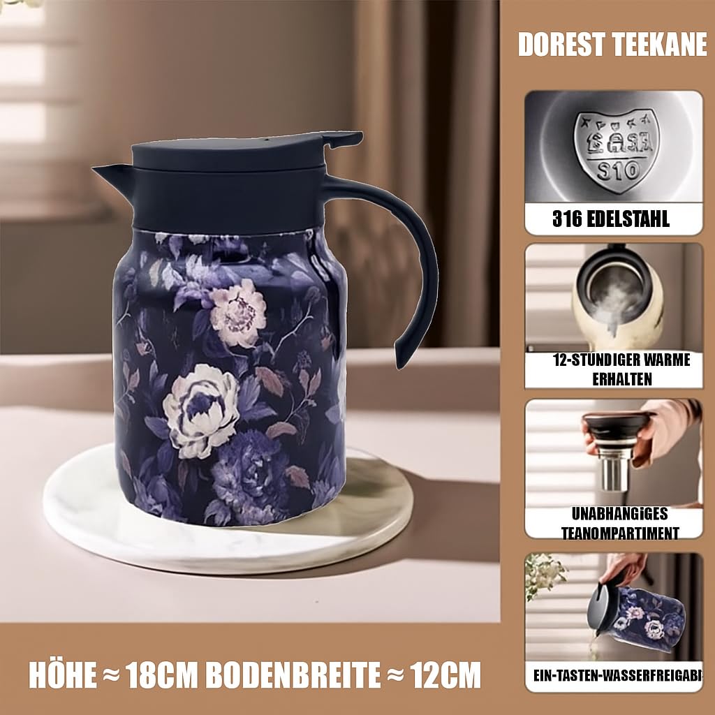 Teekanne mit Siebeinsatz 1000ml Glas – Doppelwandige Thermoskanne für losen Tee, Isolierte Teekanne mit Teesieb, Transparentes Design für Home & Office (M,1000ML)