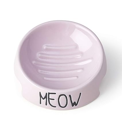 PetRageous 17015 Meow Inverted Stoneware Dishwasher Safe Cat Bowl .75-Cup 4.25-Inch Diameter 2-Inch Tall for Cats, 6-Ounce, Pink