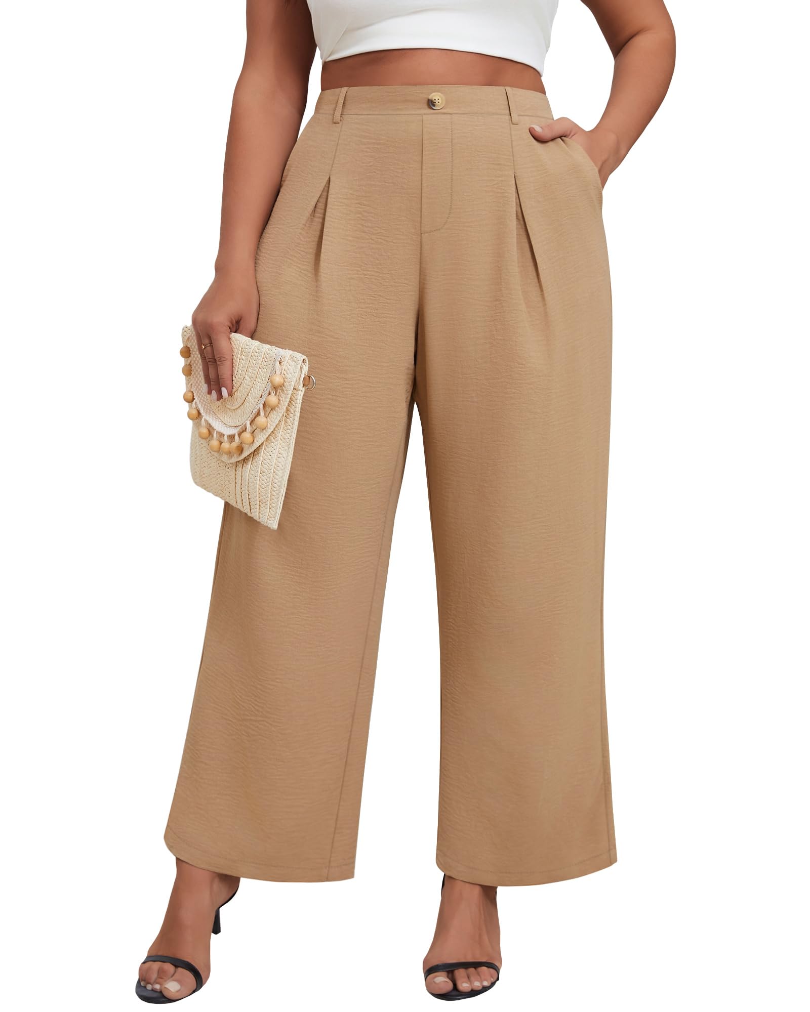 Neer Womens Plus Size Wide Leg Pants Elastic High Waist Palazzo Pants Casual Business Trousers with Pockets
