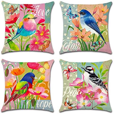 Artscope Set of 4 Waterproof Throw Pillow Covers 18x18 Inches, Flower Bird Butterfly Pattern Decorative Cushion Covers, Perfect to Outdoor Patio Garden Living Room Sofa Farmhouse Decor Cover