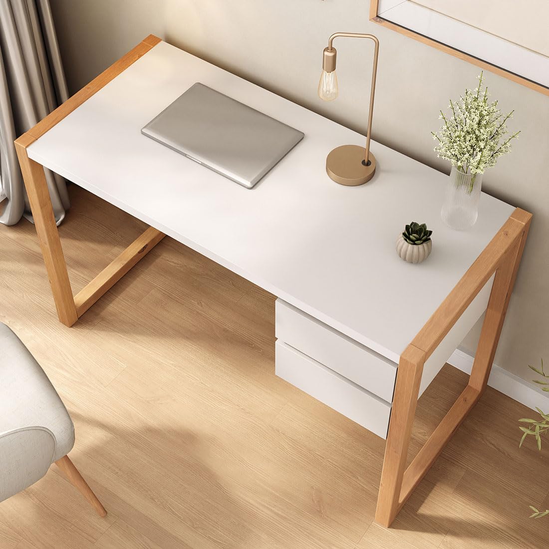 IDIMEX Schreibtisch Belinda mit 2 Schubladen, Weiß/Eiche – Home Office Tisch aus Kiefer Massivholz, Modernes Design mit praktischem Stauraum