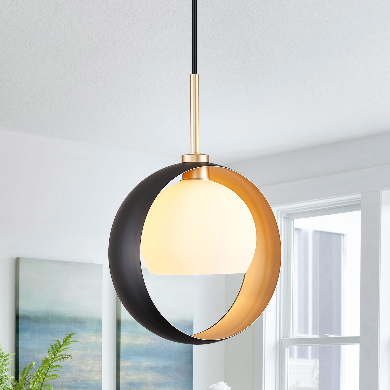ONESMING Mid Century Pendant Light, Modern Mini Kitchen Island Black and Gold Hanging Pendant Lights, Glass Globe Lighting Fixture Chandelier for Dining Room, Hallway, Foyer