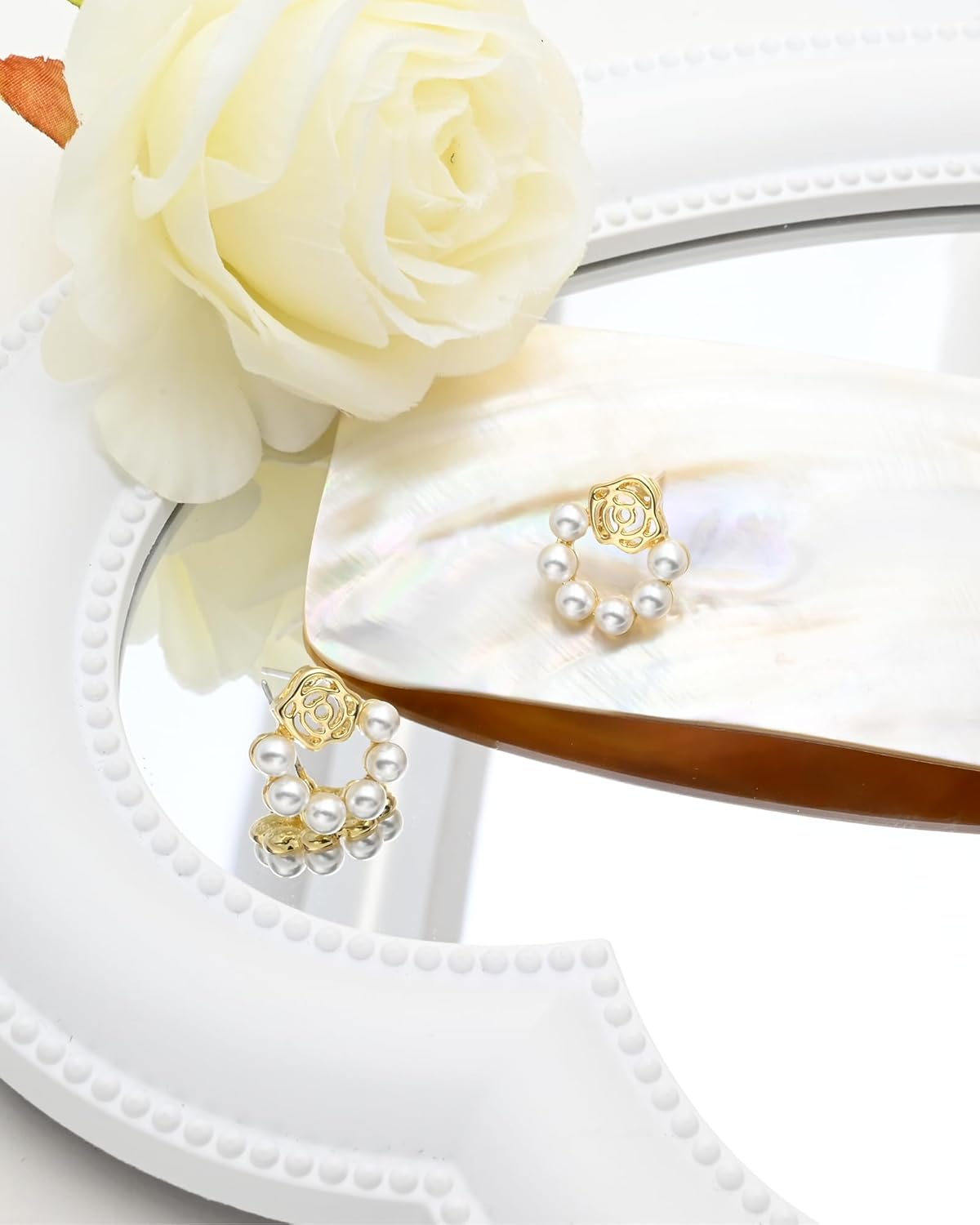 Dainty Gold Pearl Stud Earrings - 14K Gold Plated, Hypoallergenic Flower Earrings for Women - Lightweight Rose Design, Small Jewelry Gift for Anniversary, Sensitive Ears & Office - Image 6