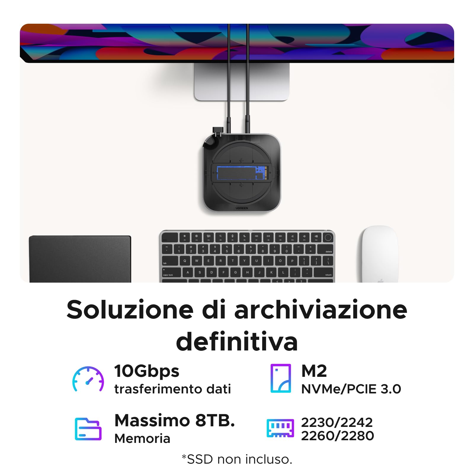 UGREEN Docking Station Hub USB C e Supporto per Mac Mini M4 e M4 Pro | 10 in 2, con Boîtier M.2 NVME SSD, DisplayPort 4K 240Hz 144Hz, 5 Porte USB 4A1C 10Gbps, Lettore di Schede SD TF, 3.5mm Aux